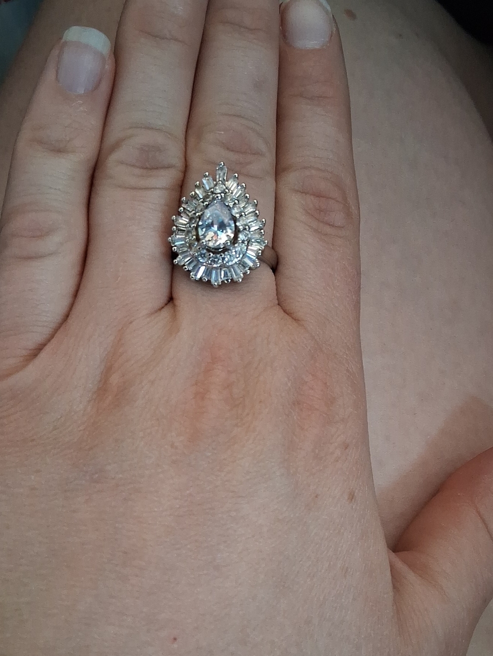 Silver Teardrop Halo Statement Ring with Clear Stones